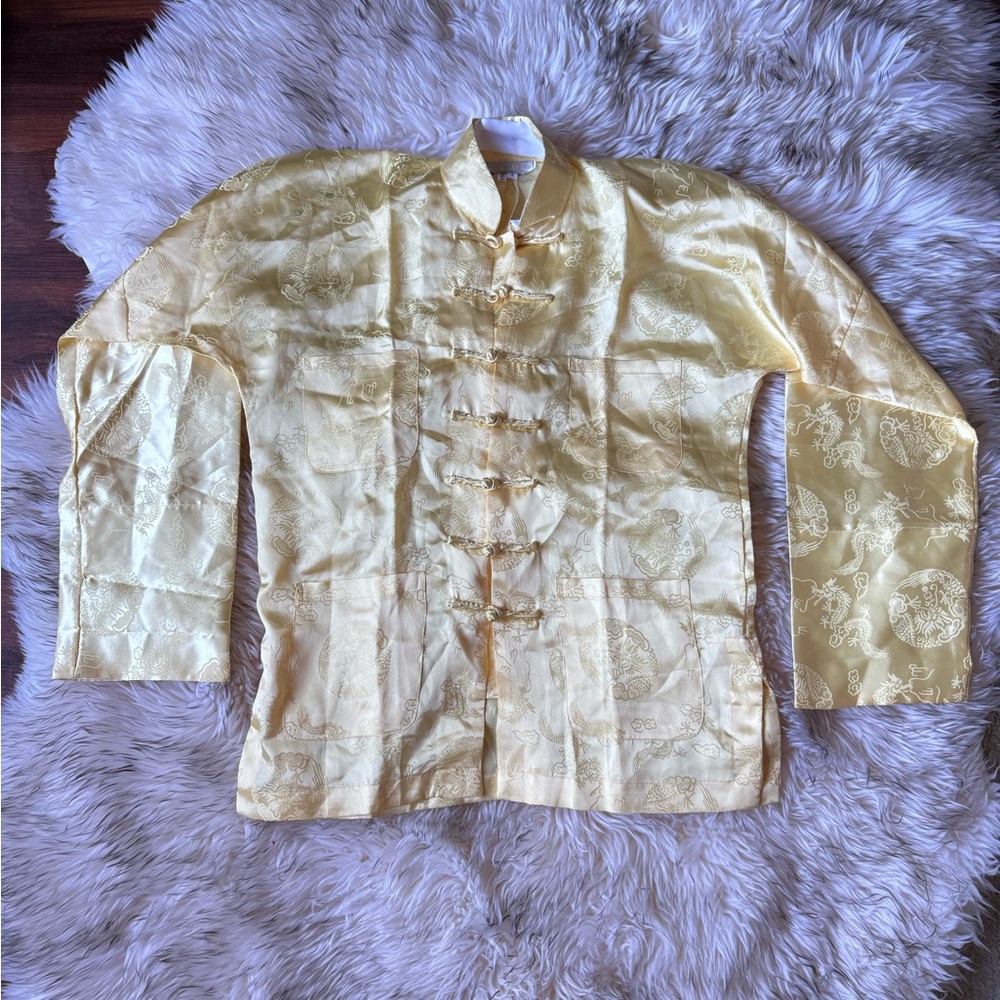 Oriental 100% Silk Dragon Brocade Jacket Men’s Small Gold 🐉